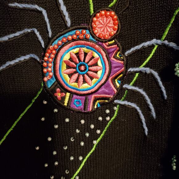 Vintage Halloween Maximalist Beaded Cardigan Sweater Vest Kitschy Spider Webs - Picture 8 of 10